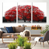 80021-MGV-CV-36X24-Red Tree Wall Art – Striking Black and White Landscape Canvas Print with Vibrant Red Leaves, Modern Nature Decor for Living Room