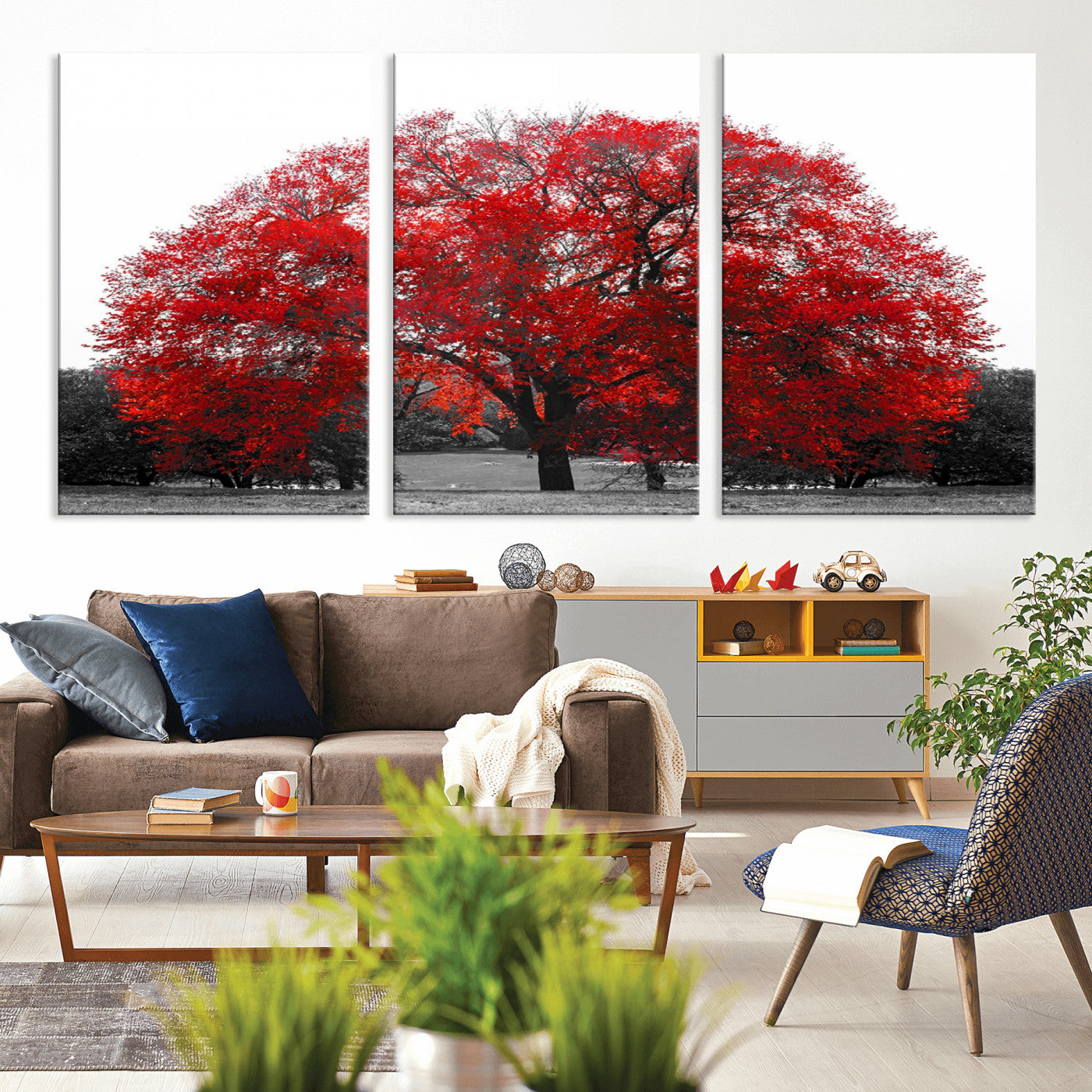 80021-MGV-CV-36X24-Red Tree Wall Art – Striking Black and White Landscape Canvas Print with Vibrant Red Leaves, Modern Nature Decor for Living Room