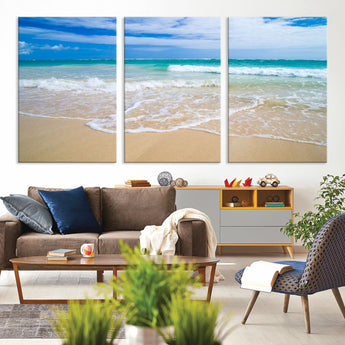 20660-MGV-CV-36X24-Ocean Wave Beach Wall Art – Serene Blue Sea and Sandy Shore Canvas Print, Coastal Landscape Photography Decor for Living Room or