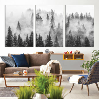 10422-MGV-CV-36X24-Misty Pine Forest Wall Art – Black and White Foggy Landscape Canvas Print, Serene Nature Woodland Decor for Bedroom, Office or