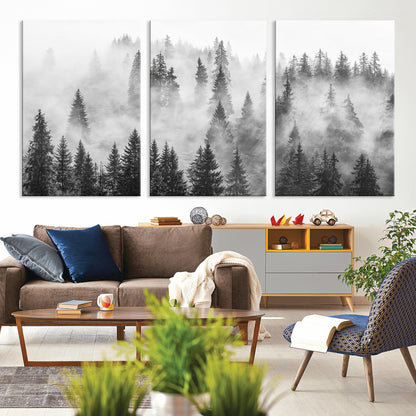 10422-MGV-CV-36X24-Misty Pine Forest Wall Art – Black and White Foggy Landscape Canvas Print, Serene Nature Woodland Decor for Bedroom, Office or