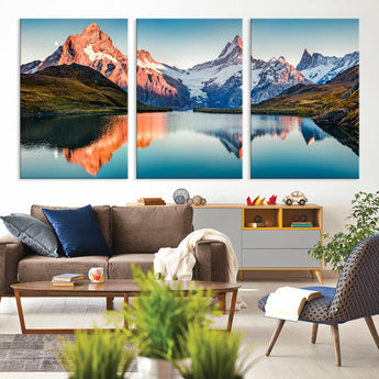 88453-MGV-CV-36X24-Mountain Lake Wall Art – Snow-Capped Peaks Reflected in Alpine Water Canvas Print, Nature Landscape Wall Decor for Living Room or