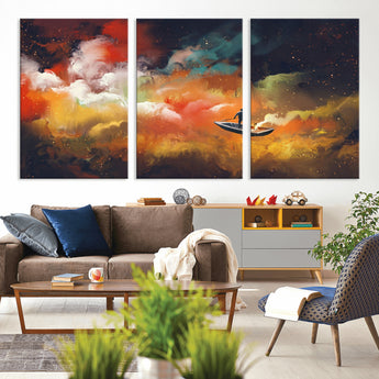 45085-MGV-CV-36X24-Surreal Cosmic Wall Art – Abstract Galaxy Dreamscape Canvas Print with Man and Dog in Boat, Fantasy Nebula Painting for Living