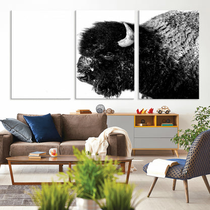 68780-MGV-CV-36X24-Bison Close-Up Wall Art – Black and White Buffalo Canvas Print, Rustic Wildlife Photography Decor for Living Room, Office, or