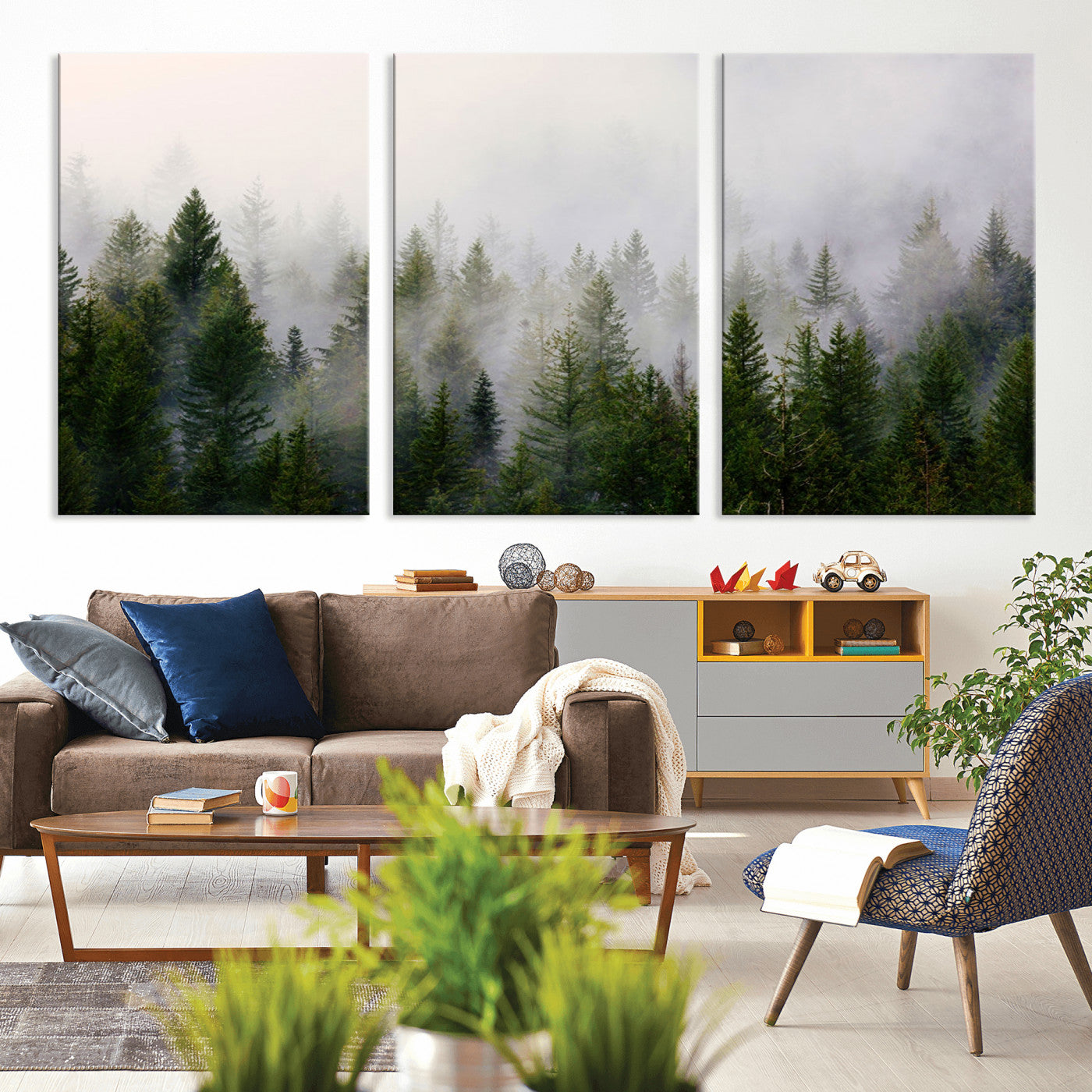 11436-MGV-CV-36X24-Misty Forest Wall Art – Tranquil Evergreen Tree Canvas Print with Foggy Landscape, Nature Inspired Artwork for Bedroom, Living
