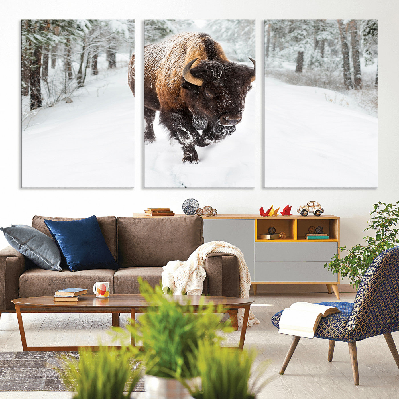 84699-MGV-CV-36X24-Bison in Winter Wall Art – Majestic Buffalo Canvas Print with Snowy Forest Landscape, Rustic Wildlife Artwork for Cabin, Living