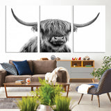 10123-MGV-CV-36X24-Black and White Highland Cow Wall Art – Modern Farmhouse Animal Print, Rustic Scottish Bull Canvas Decor for Living Room, Bedroom,