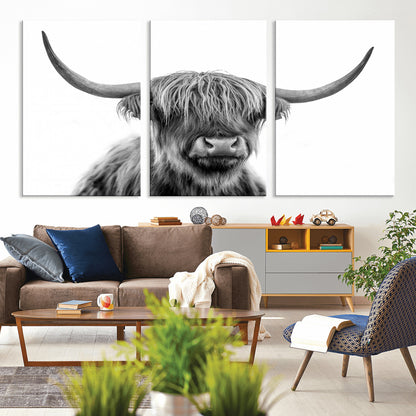10123-MGV-CV-36X24-Black and White Highland Cow Wall Art – Modern Farmhouse Animal Print, Rustic Scottish Bull Canvas Decor for Living Room, Bedroom,
