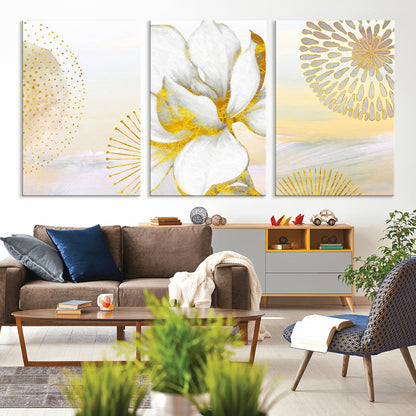 82301-MGV-CV-60X30-3P-Modern Floral Wall Art – White Flower with Gold Detailing Canvas Print, Elegant Abstract Artwork for Living Room, Bedroom, or