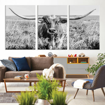 77320-MGV-CV-36X24-Texas Longhorn Wall Art – Black and White Western Cattle Canvas Print, Rustic Farmhouse Animal Photography Decor for Living Room,