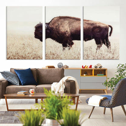 48406-MGV-CV-36X24-American Bison Wall Art – Rustic Buffalo Canvas Print in Prairie Field, Western Wildlife Photography Decor for Cabin, Lodge,