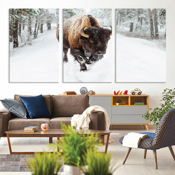 10109-MGV-CV-36X24-Majestic Bison Winter Wall Art – Snowy Forest Buffalo Canvas Print, Rustic Wildlife Photography Decor for Cabin, Lodge, Living