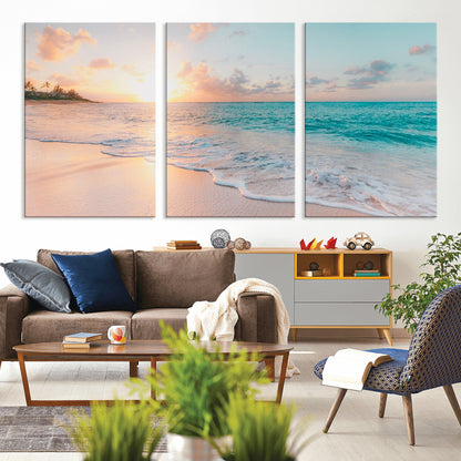 36554-MGV-CV-36X24-Tropical Beach Sunset Wall Art – Ocean Waves and Palm Canvas Print, Coastal Seascape Photography Decor for Living Room, Bedroom,