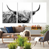 51957-MGV-CV-36X24-Highland Cow Wall Art – Black and White Scottish Highland Bull Canvas Print, Rustic Farmhouse Animal Decor for Living Room,