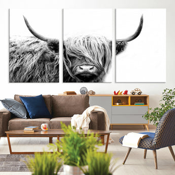 51957-MGV-CV-36X24-Highland Cow Wall Art – Black and White Scottish Highland Bull Canvas Print, Rustic Farmhouse Animal Decor for Living Room,