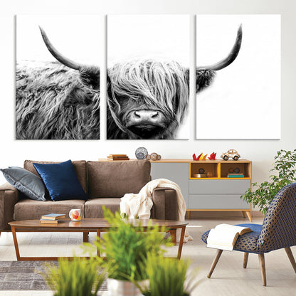 51957-MGV-CV-36X24-Highland Cow Wall Art – Black and White Scottish Highland Bull Canvas Print, Rustic Farmhouse Animal Decor for Living Room,