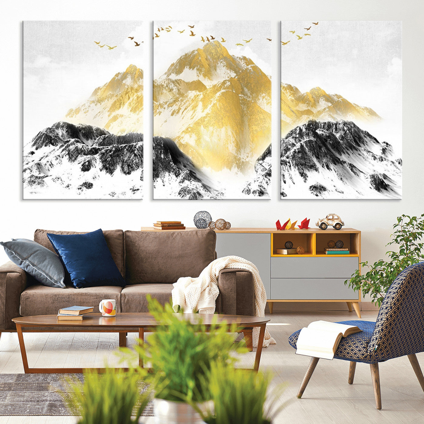 37733-MGV-CV-36X24-Golden Mountain Wall Art – Modern Abstract Landscape Canvas Print with Birds, Luxury Nature Decor for Living Room, Bedroom, or