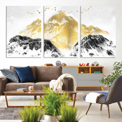 37733-MGV-CV-36X24-Golden Mountain Wall Art – Modern Abstract Landscape Canvas Print with Birds, Luxury Nature Decor for Living Room, Bedroom, or