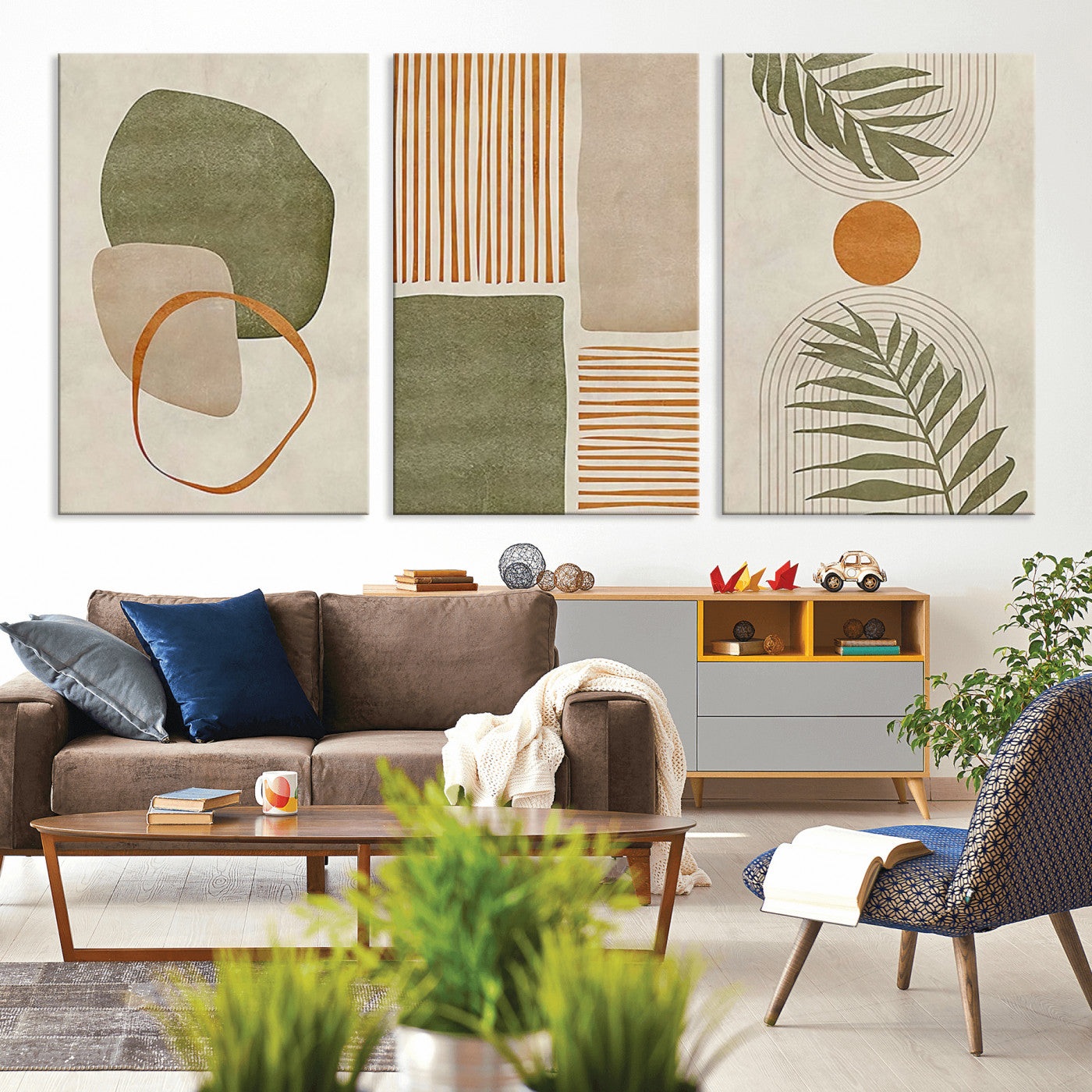 96002-MGV-CV-36X24-Abstract Geometric Wall Art – Modern Canvas Print with Green, Orange & Beige Shapes, Minimalist Home Decor for Living Room, Office