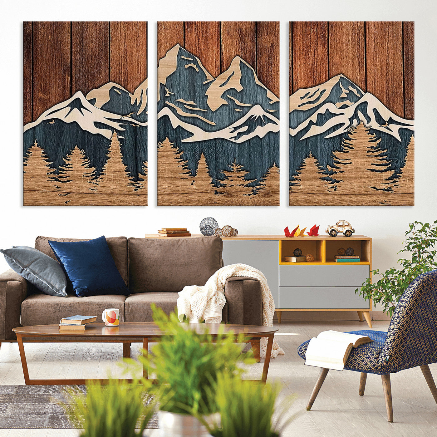 41330-MGV-CV-36X24-Rustic Mountain Wall Art – Wooden Nature Scene with Trees and Peaks, Handmade 3D Layered Decor for Living Room, Cabin or Office