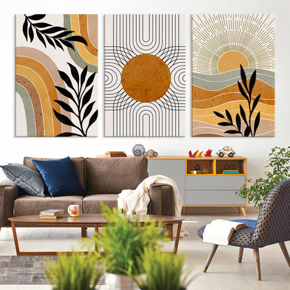 44668-MGV-CV-60X30-3P-Mid Century Modern Wall Art – Abstract Sun and Rainbow Canvas Print, Minimalist Geometric Boho Decor for Living Room, Bedroom or