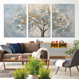 65811-MGV-CV-36X24-Abstract Tree Wall Art – Textured Canvas Painting with Gold and White Leaves, Modern Nature Inspired Decor for Living Room or