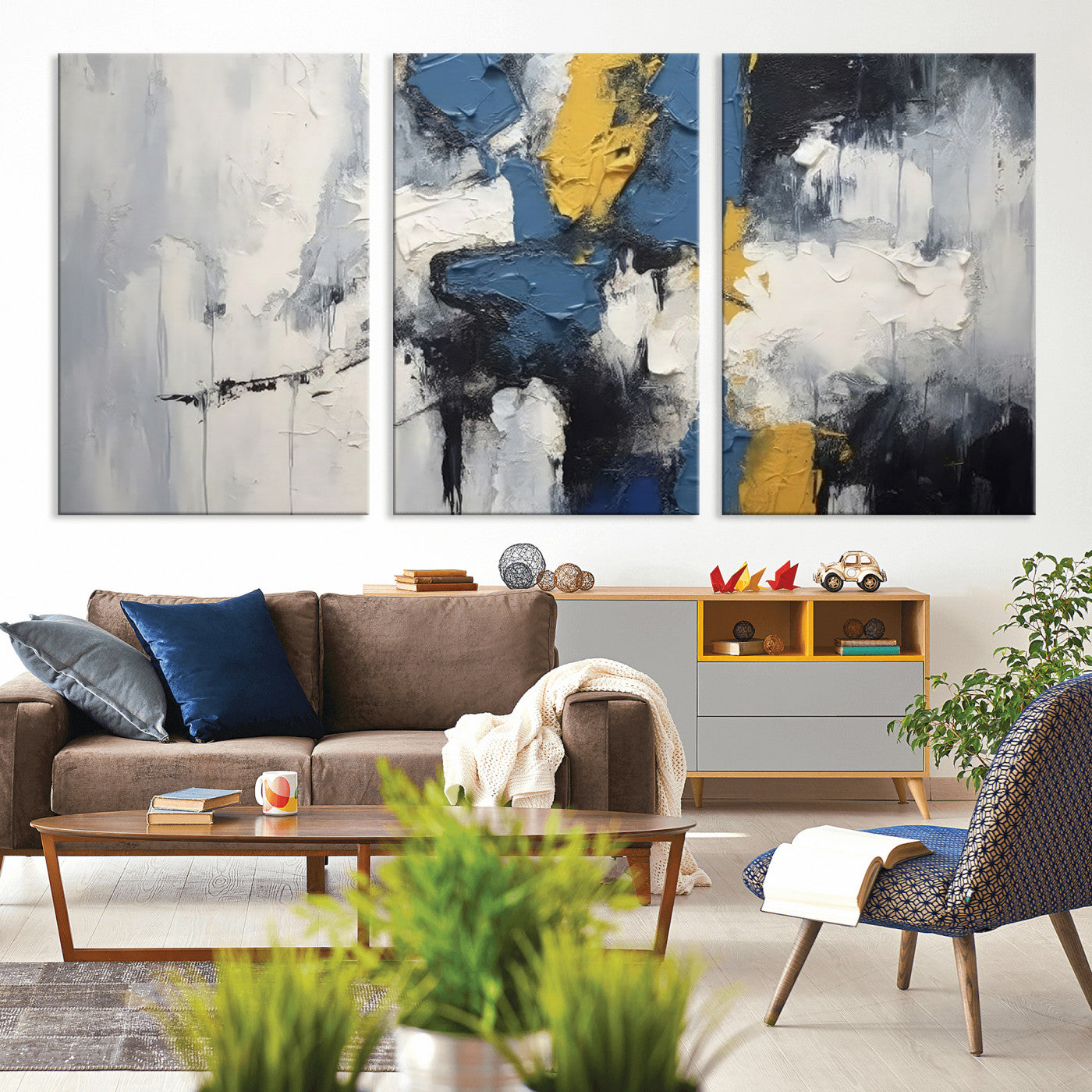 63850-MGV-CV-36X24-Abstract Blue and Yellow Wall Art – Modern Textured Canvas Painting, Bold Contemporary Artwork for Living Room, Bedroom or Office