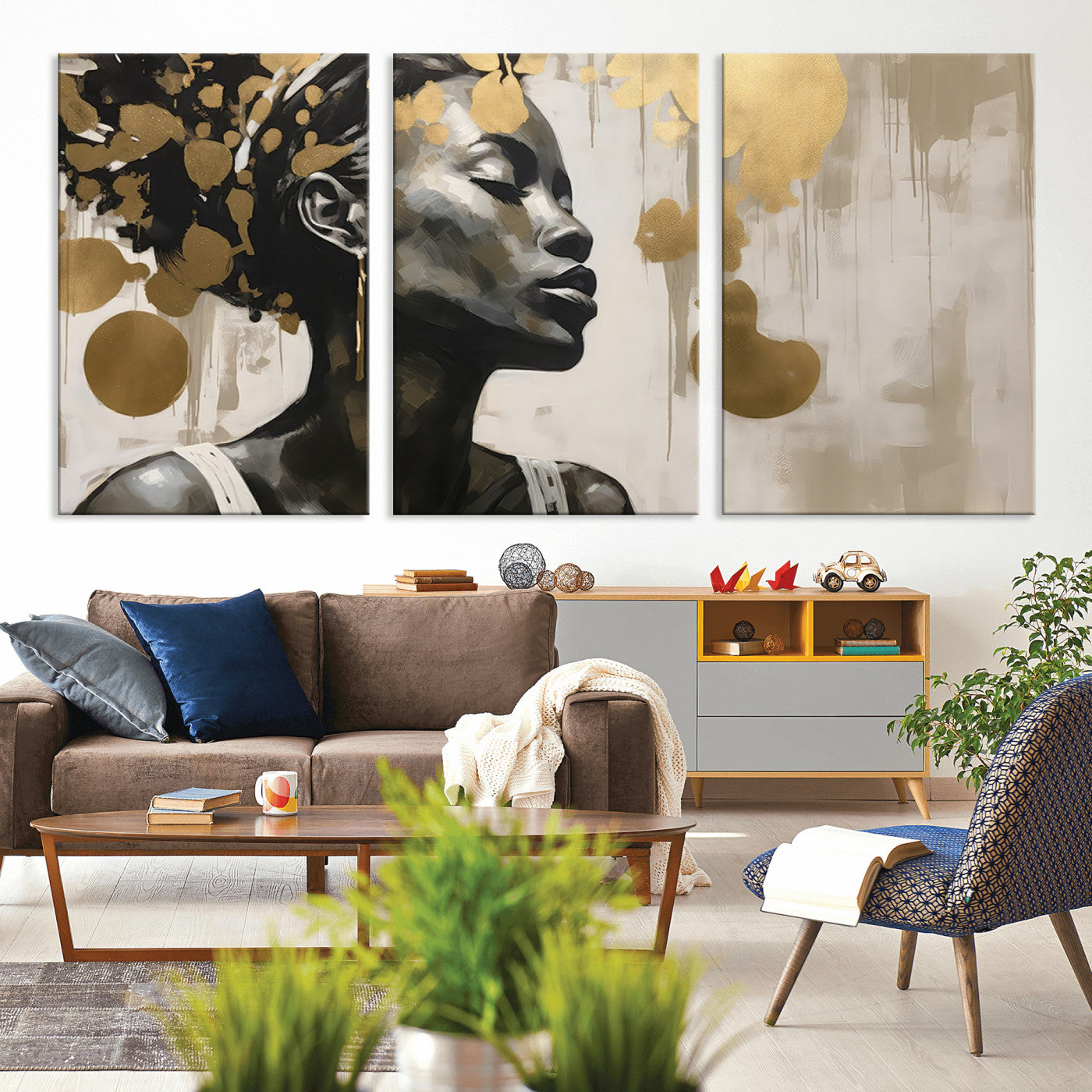 65669-MGV-CV-36X24-Elegant Black Woman Wall Art – Modern Abstract Portrait Canvas with Gold Accents, Contemporary Afrocentric Decor for Living Room