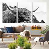 61570-MGV-CV-36X24-Highland Cow Wall Art – Black and White Scottish Bull Canvas Print, Rustic Farmhouse Animal Decor for Living Room, Bedroom, or