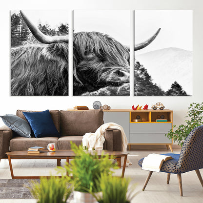 61570-MGV-CV-36X24-Highland Cow Wall Art – Black and White Scottish Bull Canvas Print, Rustic Farmhouse Animal Decor for Living Room, Bedroom, or