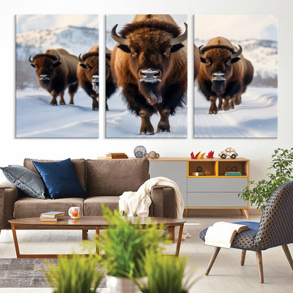 56701-MGV-CV-36X24-Bison Herd Wall Art – Buffalo Walking in Snowy Mountains Canvas Print, Rustic Wildlife Decor for Cabin, Lodge, or Living Room