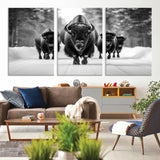 45287-MGV-CV-36X24-Bison Herd Wall Art – Black and White Buffalo Snow Road Canvas Print, Rustic Wildlife Decor for Cabin, Lodge or Living Room