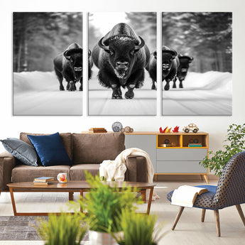 45287-MGV-CV-36X24-Bison Herd Wall Art – Black and White Buffalo Snow Road Canvas Print, Rustic Wildlife Decor for Cabin, Lodge or Living Room