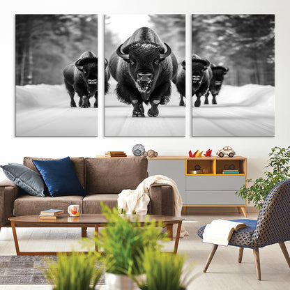 45287-MGV-CV-36X24-Bison Herd Wall Art – Black and White Buffalo Snow Road Canvas Print, Rustic Wildlife Decor for Cabin, Lodge or Living Room