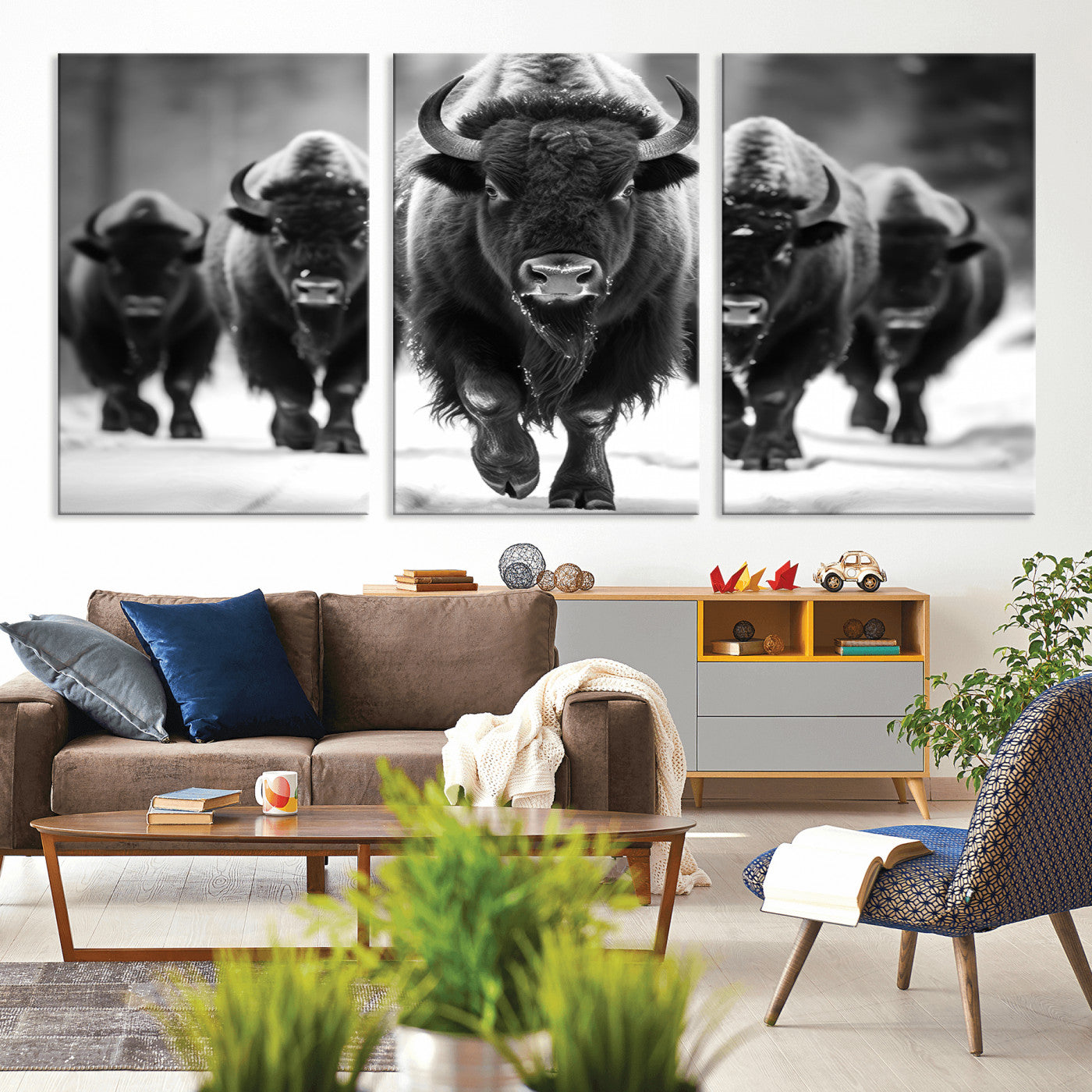 79872-MGV-CV-60X30-3P-Bison Herd Wall Art – Black and White Buffalo on Snow Canvas Print, Rustic Wildlife Decor for Lodge, Cabin, or Living Room