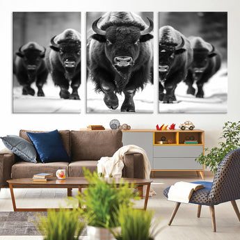 79872-MGV-CV-60X30-3P-Bison Herd Wall Art – Black and White Buffalo on Snow Canvas Print, Rustic Wildlife Decor for Lodge, Cabin, or Living Room