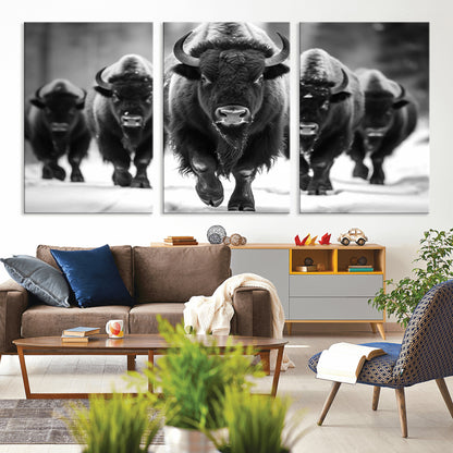 79872-MGV-CV-60X30-3P-Bison Herd Wall Art – Black and White Buffalo on Snow Canvas Print, Rustic Wildlife Decor for Lodge, Cabin, or Living Room