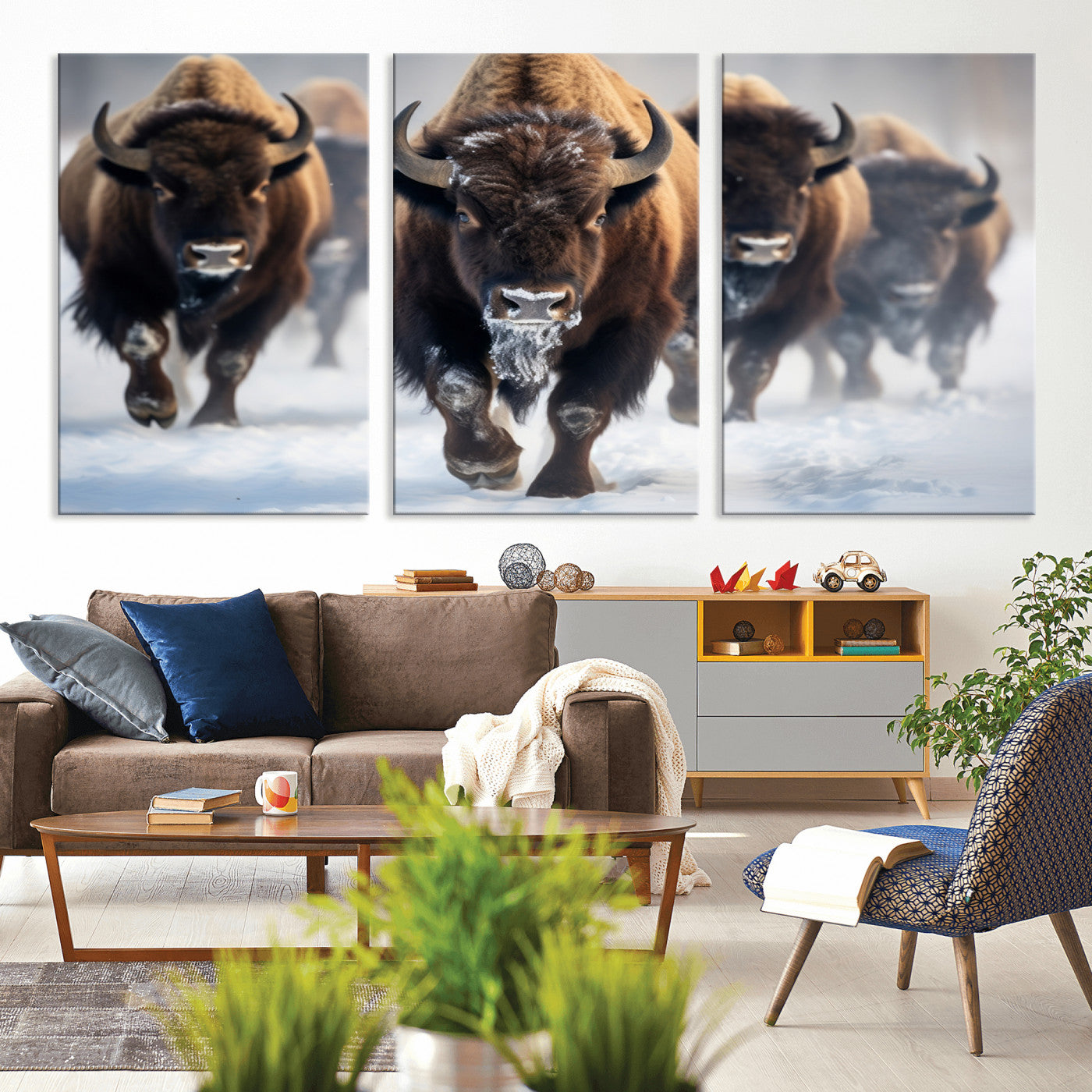 80512-MGV-CV-36X24-Bison Herd Wall Art – Buffalo Running in Snow Canvas Print, Rustic Wildlife Photography Decor for Cabin, Lodge, or Living Room