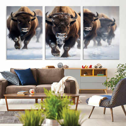 80512-MGV-CV-36X24-Bison Herd Wall Art – Buffalo Running in Snow Canvas Print, Rustic Wildlife Photography Decor for Cabin, Lodge, or Living Room