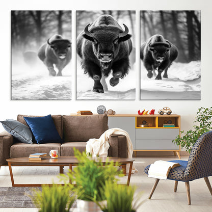 97552-MGV-CV-36X24-Black and White Bison Wall Art – Buffalo Herd Running in Snow Canvas Print, Rustic Wildlife Photography Decor for Cabin, Lodge, or