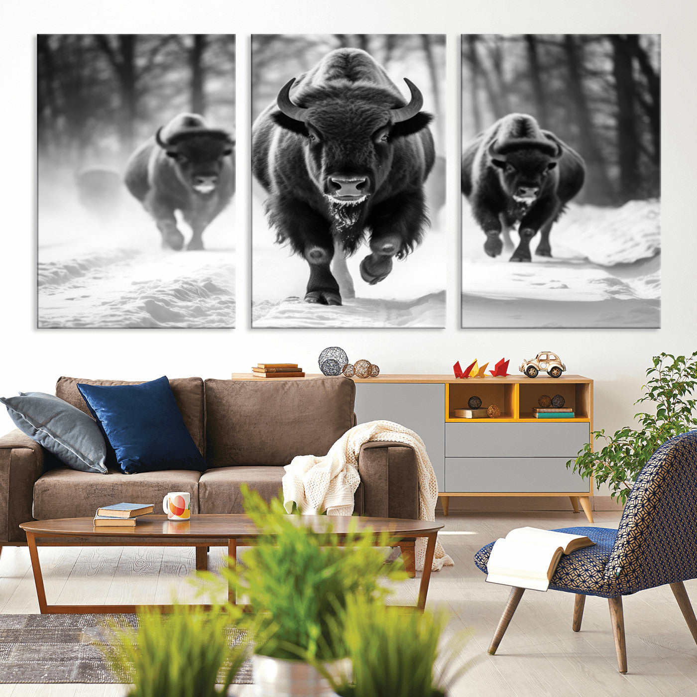97552-MGV-CV-36X24-Black and White Bison Wall Art – Buffalo Herd Running in Snow Canvas Print, Rustic Wildlife Photography Decor for Cabin, Lodge, or