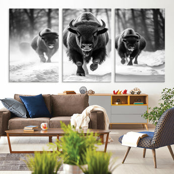 97552-MGV-CV-36X24-Black and White Bison Wall Art – Buffalo Herd Running in Snow Canvas Print, Rustic Wildlife Photography Decor for Cabin, Lodge, or