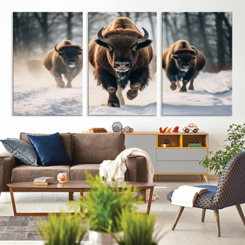 56549-MGV-CV-36X24-Wild Bison Wall Art – Majestic Buffalo Herd Running in Snow Canvas Print, Rustic Wildlife Photography Decor for Cabin, Lodge, or