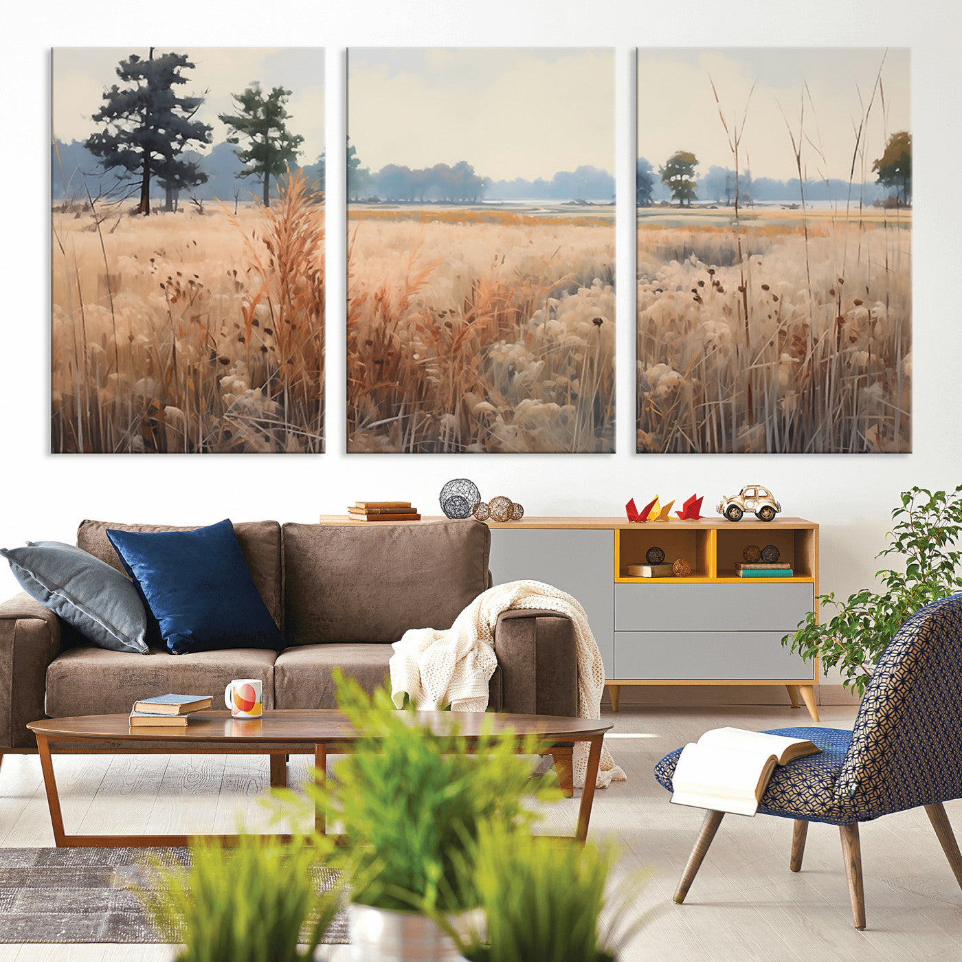 98822-MGV-CV-60X30-3P-Autumn Meadow Wall Art – Tranquil Grassland Landscape Canvas Print, Rustic Country Decor for Living Room, Bedroom or Farmhouse