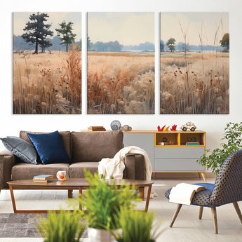 98822-MGV-CV-60X30-3P-Autumn Meadow Wall Art – Tranquil Grassland Landscape Canvas Print, Rustic Country Decor for Living Room, Bedroom or Farmhouse