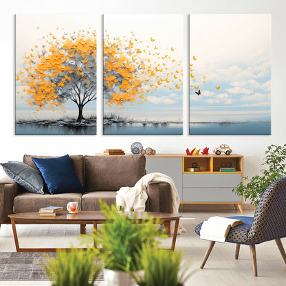 23385-MGV-CV-36X24-Golden Butterfly Tree Wall Art – Abstract Yellow and Gray Canvas Print, Modern Nature Artwork for Living Room, Bedroom or Office