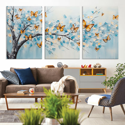 59455-MGV-CV-36X24-Butterfly Tree Branch Wall Art – Blue and Yellow Abstract Canvas Print, Modern Nature Artwork for Living Room, Bedroom or Office
