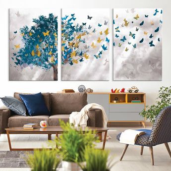 37564-MGV-CV-36X24-Butterfly Tree Wall Art – Modern Nature Canvas Print with Blue and Golden Butterflies, Elegant Decorative Painting for Living Room