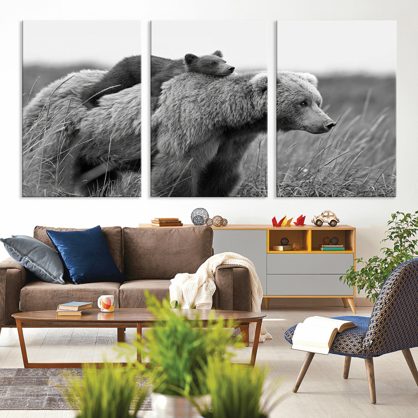 76338-MGV-CV-36X24-Mother Bear and Cub Wall Art – Black and White Wildlife Canvas Print, Rustic Nature Photography for Cabin, Living Room or Office