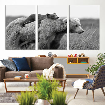 76338-MGV-CV-36X24-Mother Bear and Cub Wall Art – Black and White Wildlife Canvas Print, Rustic Nature Photography for Cabin, Living Room or Office